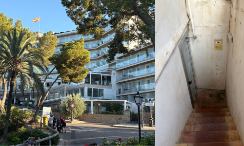 Dos imágenes: la fachada de un hotel de lujo y unas escaleras estrechas y deterioradas.