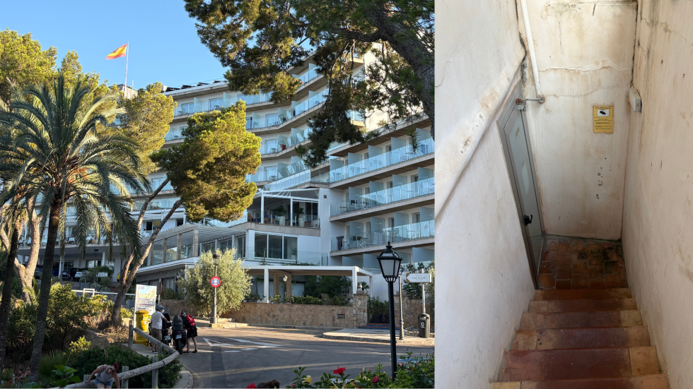 Dos imágenes: la fachada de un hotel de lujo y unas escaleras estrechas y deterioradas.