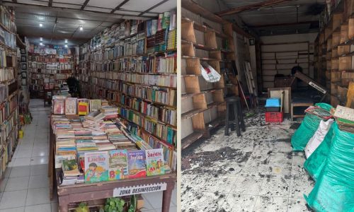 Librería La Eneida, de Manizales, antes y después del incendio del 11 de agosto de 2025. /