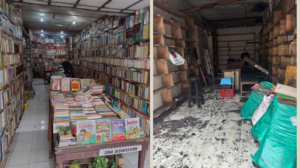 Librería La Eneida, de Manizales, antes y después del incendio del 11 de agosto de 2025. /