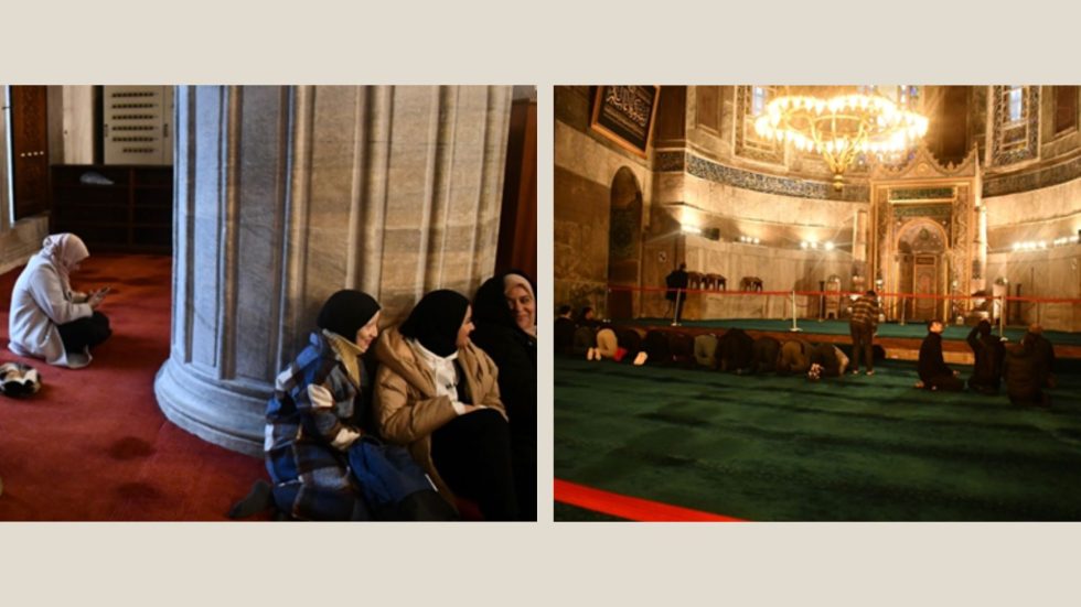 Ellas esperan atrás, mientras ellos rezan adelante. /