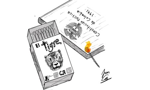Una ilustración de una caja de fósforos que tiene una imagen de un tigre y que dice "El Trigre". En la parte inferior dice "Cero Democrático". Al lado hay una cerilla encendida encima de la Constitución.