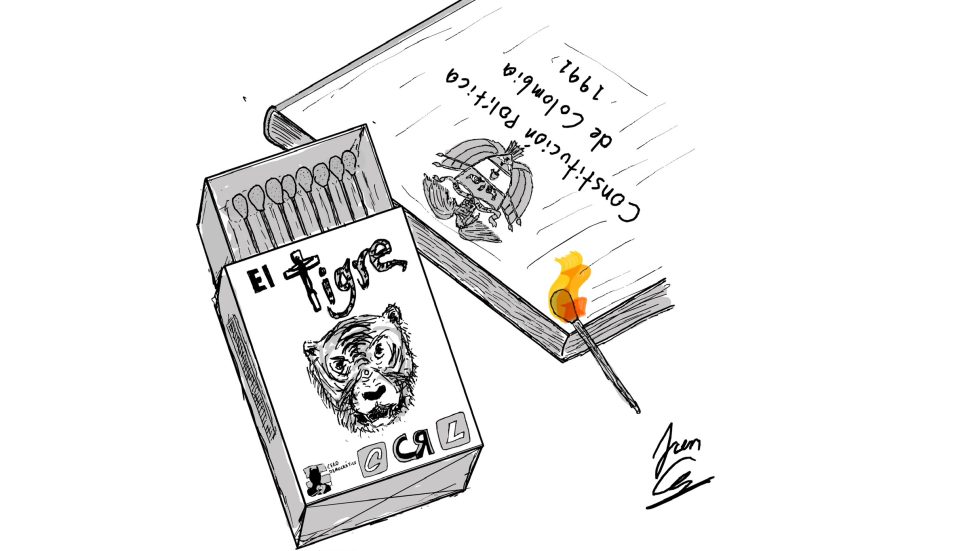 Una ilustración de una caja de fósforos que tiene una imagen de un tigre y que dice "El Trigre". En la parte inferior dice "Cero Democrático". Al lado hay una cerilla encendida encima de la Constitución.