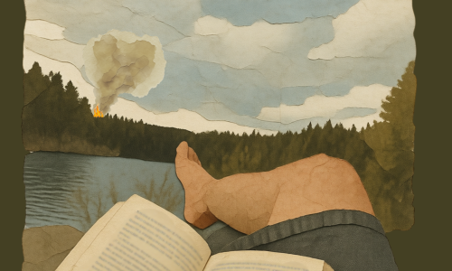 Ilustración de un hombre leyendo en un bosque