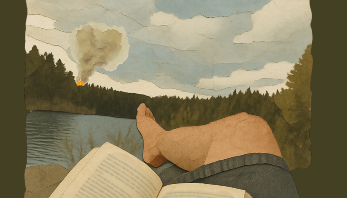 Ilustración de un hombre leyendo en un bosque