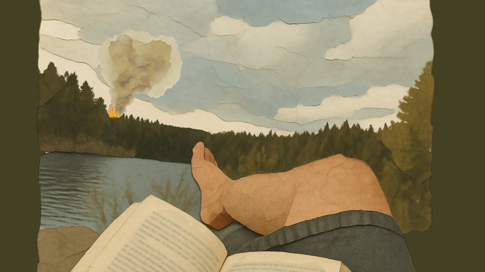 Ilustración de un hombre leyendo en un bosque