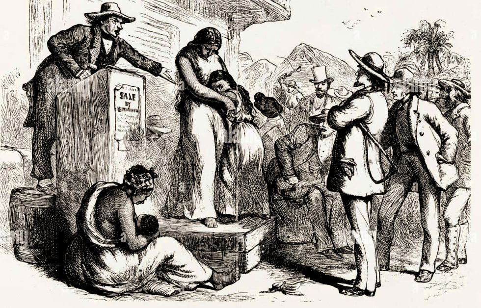 Grabado de una subasta de esclavos en los Estados Unidos. /