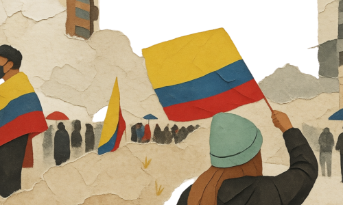 Collage de personas manifestándose con banderas de Colombia.