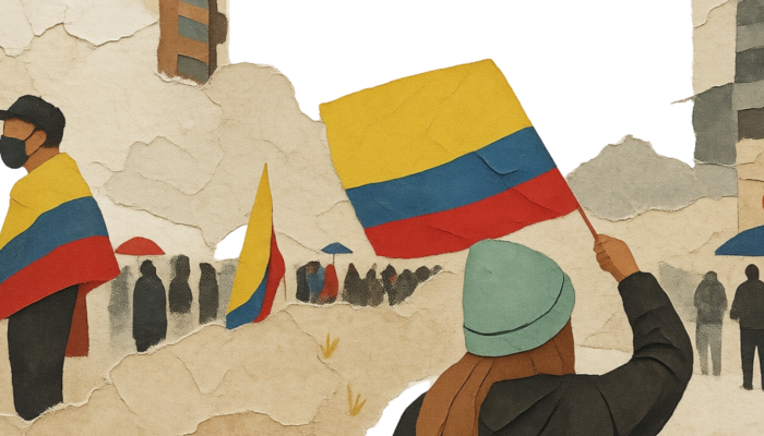 Collage de personas manifestándose con banderas de Colombia.