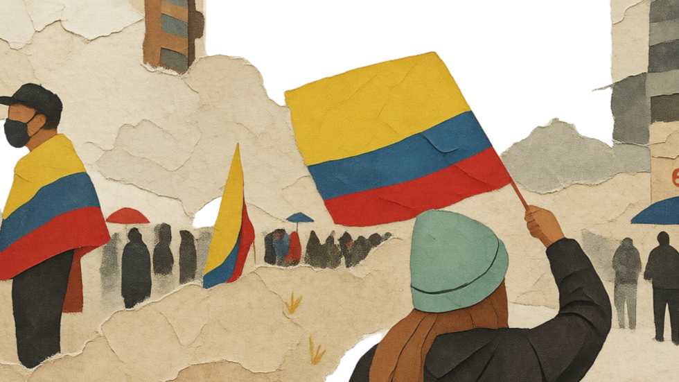 Collage de personas manifestándose con banderas de Colombia.