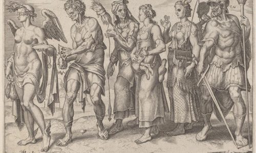 Creado por Maarteen van Heemskerck y grabado por Philips Galle. La alegoría escénica habla del papel de Fortuna (diosa del azar) en el camino a la riqueza material o la adquisición de dinero. Fortuna, ciega, lidera una procesión de buenas maneras de hacer dinero: Labor (trabajo físico), Diligentia (aplicación constante) y Parsimonia (moderación frugal); y también de malas: Fraus (embuste), Mendacium (mentira) y Vis (fuerza bruta). Fuente de esta y otras representaciones de Fortuna: Proyecto RDK en línea.