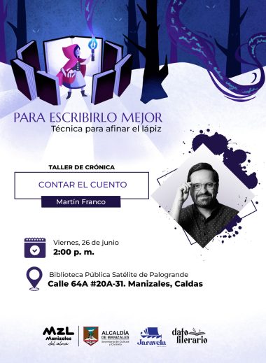 Imagen del flyer del taller de cuento. Incluye foto de Martín Franco