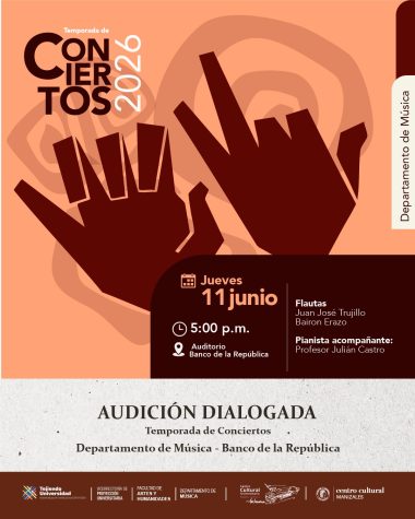 Afiche de la audición dialogada con integrantes del departamento de música de la Universidad de Caldas en el Banco de la República de Manizales
