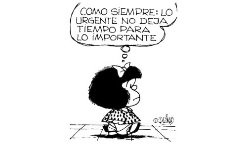 Tira cómica de Mafalda, en blanco y negro