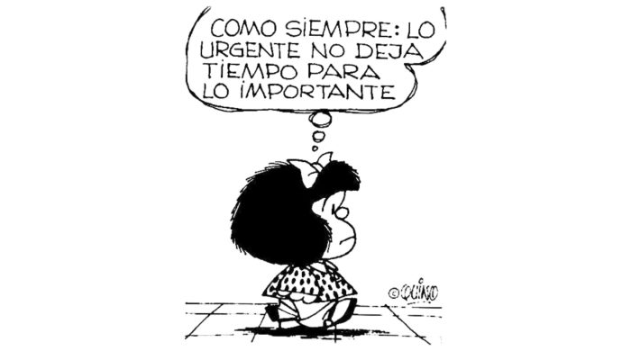 Tira cómica de Mafalda, en blanco y negro