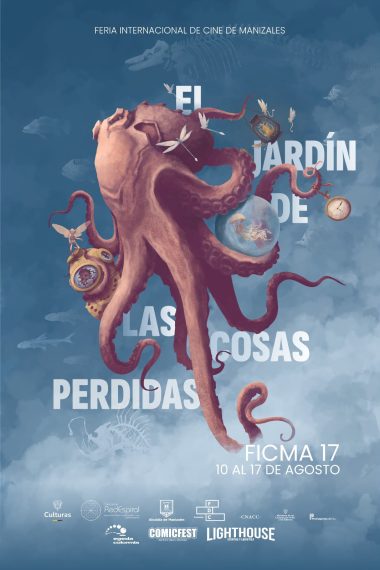 Afiche del Festival Internacional de Cine de Manizales, en su versión número 17. Dice El Jardín de las cosas perdidas y tiene un pulpo rosado sobre un fondo de nubes.