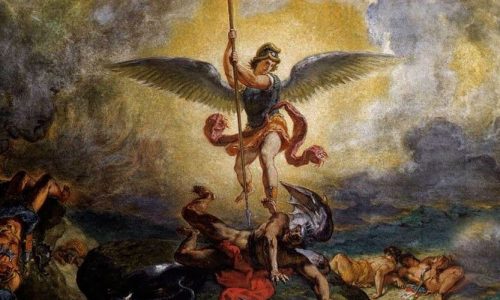 San Miguel Arcángel derrotando al demonio. Pintura al fresco de Eugène Delacroix ubicada en la iglesia de Saint-Sulpice en París.