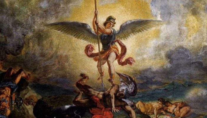 San Miguel Arcángel derrotando al demonio. Pintura al fresco de Eugène Delacroix ubicada en la iglesia de Saint-Sulpice en París.